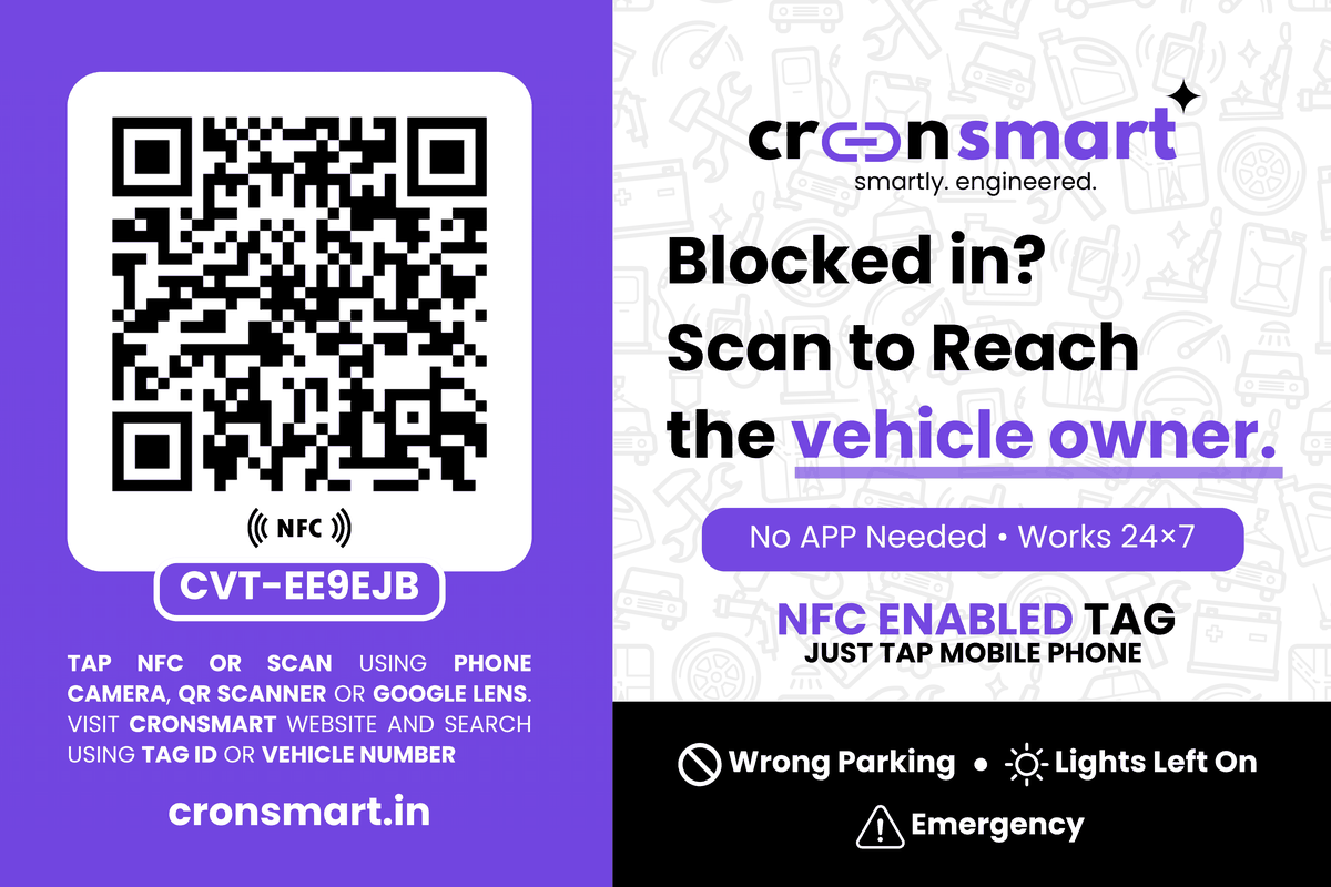 A Cronsmart vehicle tag. Left: a QR code with the Tag ID CVT-EE9EJB and an NFC mark. Right: “Blocked in? Scan to reach the vehicle owner”, with no app needed, works 24×7.